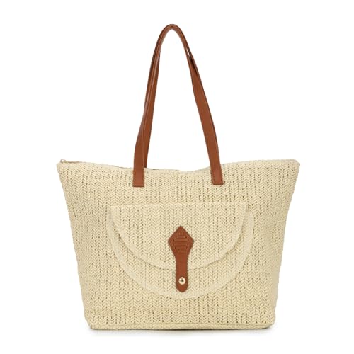 Image of EVEOUT Women Straw Woven Tote Bag Summer Beach Bag Casual Boho Faux Raffia Shoulder Bag with PU Leather Handles for Holiday Travel
