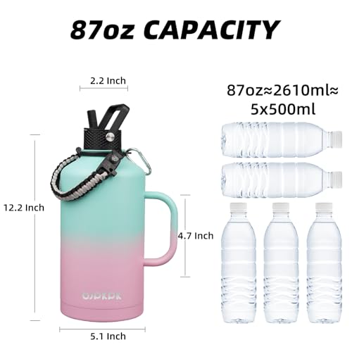 Image of BJPKPK 2 /3 Gallon Water Bottle Insulated with Straw Lid, 87oz Large, Stainless Steel Water Bottles with 3 Lids and Paracord Strap, Double Wall Vacuum Metal Water Jug,Marshmallow