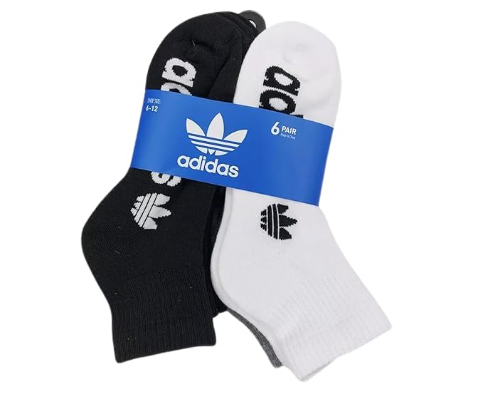 Adidas 6 Pair Mens Quarter Crew Cushioned Socks Shoe Size 6-12 (Black/Grey Heather/White)