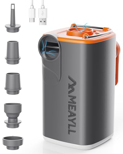 Meayll Elektrische Luftpumpe Akku, 3000mAh Mini Luftpumpe mit 4,5 kPa, 280 L/min, USB-C Aufblas- und Entlüftungspumpe mit LED-Licht, 5 Düsen für Luftmatratze, Schwimmring, Vakuumbeutel, Camping 1