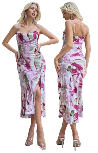 Image of Wedding Guest Dress for Women Spaghetti Strap Satin Slip Dresses | Slit Midi Dress, Cowl Neck, Cocktail, Formal, Evening Party
