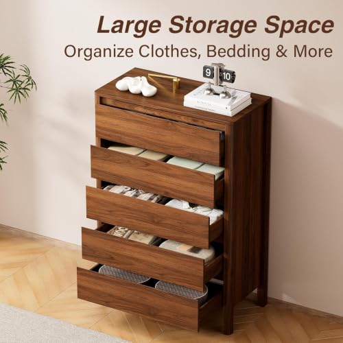 Image of Furniway Walnut 3 Piece Bedroom Set, 5 Drawer Dresser and Nightstands | Includes two 3 drawer nightstands with a Mid Century Modern handleless wood grain design for coordinated bedroom storage