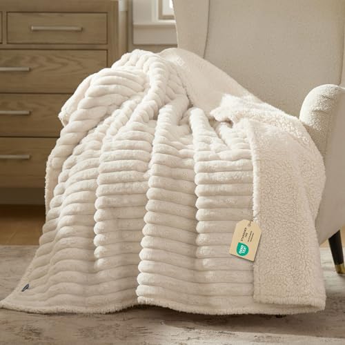 Bedsure ComfyFleece™ Waterproof Dog Blankets for Large Dogs - Soft Pet Cat Blanket Corduroy Fleece for Couch Bed Protector Washable, Cozy Calming Reversible Furniture Protection,50'x60', Cream