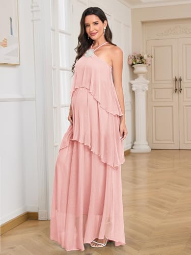Image of AISWI Maternity Halter Neck Maxi Dress Sparkly Mesh Tiered Ruffle Pregnancy Gown with Flower for Baby Shower Photoshoot