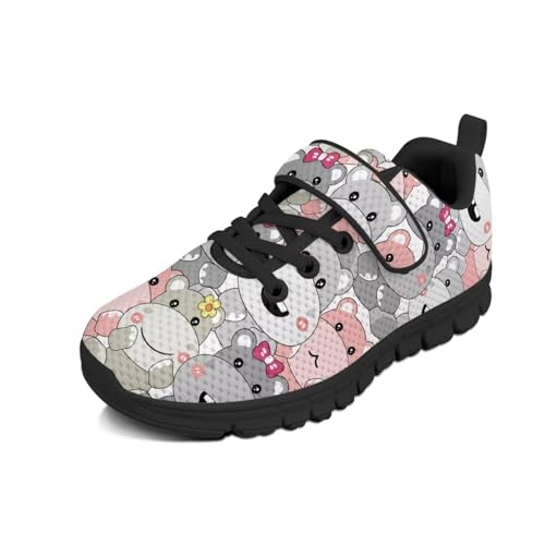 Little Kid Tennis Shoes Slip On Boys Girls Sneakers Casual Running Shoes Woven Breathable with Soft Soled Sports Hook-Loop Outdoor Shoes Cartoon Hippo Pattern