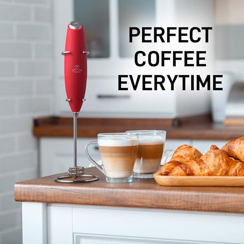 Image of Zulay Kitchen Powerful Milk Frother Wand With Duracell Batteries - Ultra Fast Handheld Drink Mixer - Electric Whisk Foam Maker for Coffee, Lattes, Cappuccino & Matcha - Double Whisk - Red
