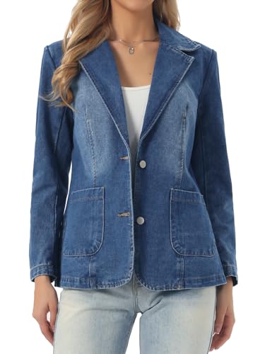 Allegra K Denim Blazer for Women Notched Lapel Long Sleeve Button Up Business Casual Jean Jacket with Pockets Large Blue