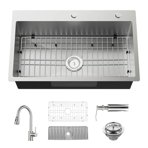 30x18 Inch Stainless Steel Kitchen Sink With Faucet-Drop In Modern Single Bowl Topmount Kitchen&Bar Sink Combo With Faucet,SS Grid,Silicon Mat,Drain Strainer Set Compatibility With Various Kitchen