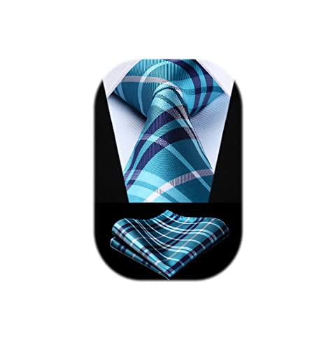 Image of HISDERN Mens Ties Plaid Tie and Pocket Square Set Classic Woven Formal Checkered Neckties & Handkerchief Wedding Party