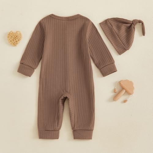 Winioder Newborn Baby Girl Boy Clothes Ruffle Ribbed Long Sleeve Button Romper Jumpsuit with Headband Hat Coming Home Outfit4