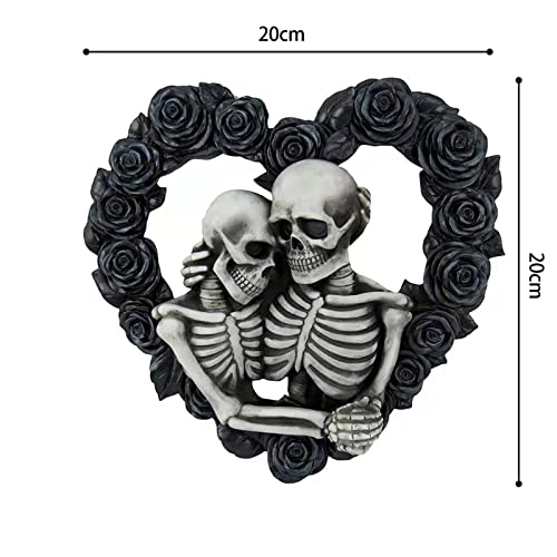 FIYSON Totenkopf Paar Wanddeko 20 x 20cm Schwarzem Schädel Herzförmig Rose Hängende Dekoration Türschmuck Halloween Schädel kranz Herbst Winter Dekorativer Das Erntedankfest Innen Wanddekoration