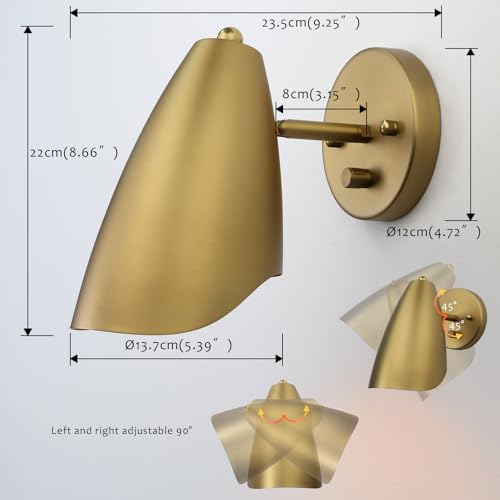 Image of Pathson Modern Wall Sconce with Dimmer Switch, Brass Metal Wall Lamp Lighting, Adjustable Light Angle, E26 Bulb Base Reading Lighting for Wall Painting Bedroom Hallway Living Room Dining Room