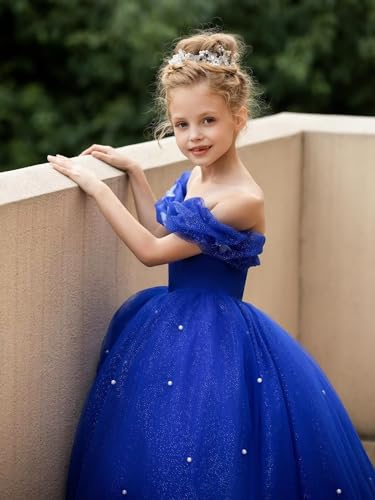 JISISANG Off Shoulder Flower Girl Tulle Tutu Dress for Kids Floor Length Wedding Party Evening Formal Pegeant Dance Gown3