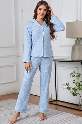 Image of LUBOT 100% Cotton Pajamas for Women Pajama Set Soft 2 Piece Sleepwear PJ Set Long Sleeve Knit Button Cozy Loungewear XS-XXL
