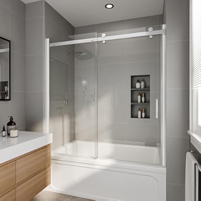 Sliding Shower Door for Bathtub, 52-56” W x 58” H, Frameless Glass Panel 5/16-Inch Clear Tempered Glass, Reversible Installation, Chrome Finish, Single Sliding Panel with Stainless Steel Handle