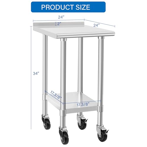 Image of HARDURA Stainless Steel Commercial Work Table with Wheels Prep & Work Metal Table 24x24 Inches Heavy Duty NSF with Casters and 2 inch Backsplash