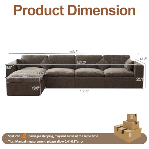 Image of 146''Cloud Boneless Sectional Couch, Modular Sectional Sofa Deep Seat with Ottoman, Oversized Upholstered Convertible Comfy 5 Seater Chenille Sofa L Shape Couches for Living Room, Brown