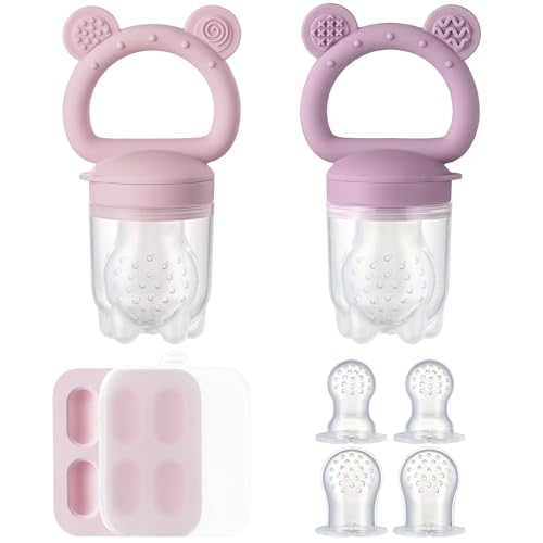 Image of 2 Pack Silicone Baby Fruit Feeder with Mini Freezer Tray, Breastmilk Popsicle Molds for Infant Teething Relief, Baby Teethers, Fresh Food Feeder for Safe Infant Self Feeding - Purple