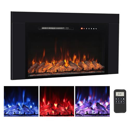 Oxhark Flame 33 Inches Electric Fireplace Insert with Trim Kit, Wall Mounted & Recessed Electric...