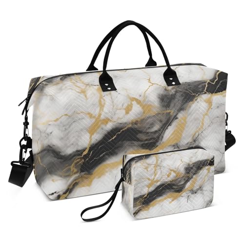 Travel Duffle Bag Gym Bag, Marble Print Black White Weekender Bags for Women with Toiletry Bag Travel Tote Bag Swim Bag