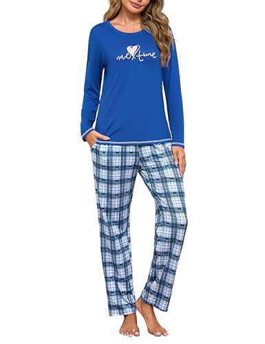 Leversic 2 Piezas Conjunto Pijama Mujer Invierno Camiseta de Manga Larga Algodón con Cuello Redondo y Estampado Divertido Pantalones de Pijama de Cuadros con Bolsillos S-XXL(Azul Real,M)