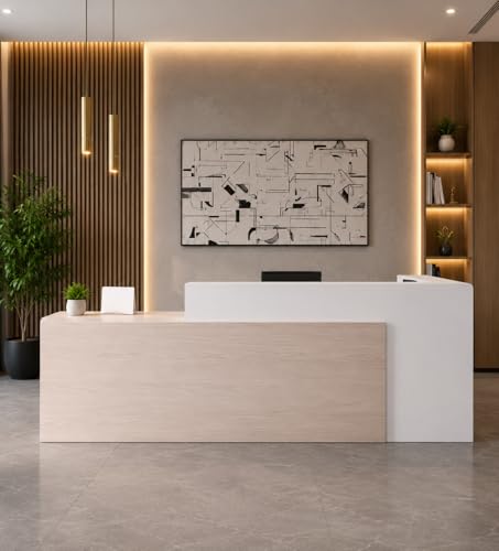 Image of Modern Reception Desk for Office, School, Shop, Mall, Salon & Hotel, Contemporary Wooden Front Desk Counter with White Finish for Commercial Reception Areas - (RCT-83 LPB L8W2)