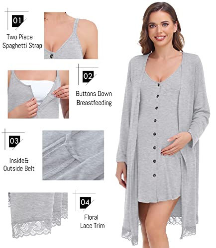 Swomog 3 In 1 Labor/Delivery/Nursing Gown Maternity Robe Set 2 Piece Hospital Nightgown Button Down Breastfeeding Nightdress Grey #TOP3