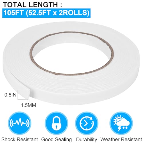Image of Double Sided Foam Tape 0.5In x 52.5FT 2 Pack, Mounting Tape Heavy Duty, Strong Adhesive Weatherproof Seal Strips for DIY Craft Picture Poster, Car & Gap Filling Mountings, Home Office Decor (White)