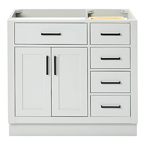 ARIEL Hepburn 36-inch Bathroom Vanity Base Cabinet,Solid Wood, 2 Soft Closing Doors, 5 Dovetail Drawers, Grey