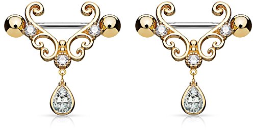 Forbidden Body Jewelry 14G 9/16 Inch (14Mm) Rose Gold Plated Heart Filigree Cz Tear Drop Partial Nipple Shield Barbell Set #TOP13