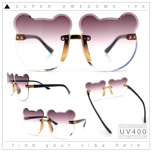 Kids Childs Rimless Teddy Bear Shape Bevel Lens Plastic Sunglasses Gold - Smoke2