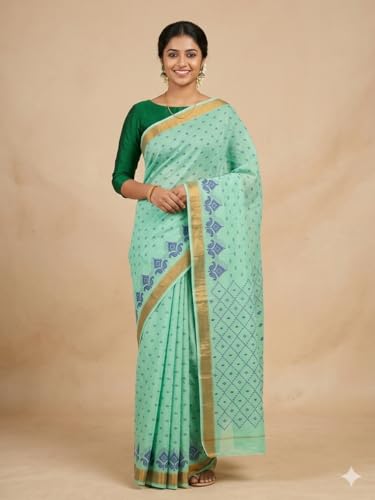 Image of eC ESHA'S COLLECTION Women's Kerala Cotton Floral Motif Printed Zari Bordered Tant Saree Without Blouse Piece
