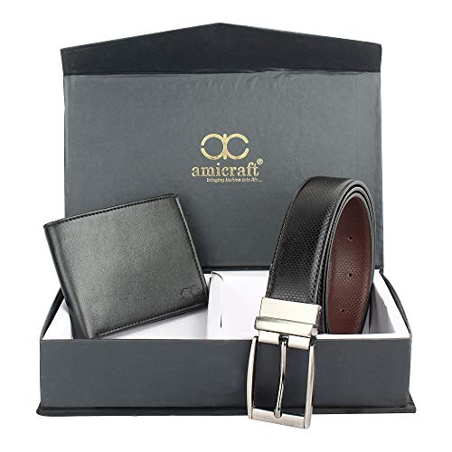 Image of Amicraft PU Leather Men's Combo Pack Of Wallet & Reversible Belt Gift Set