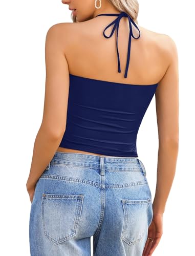 Image of Avidlove Halter Tops for Women Going Out Double Lined Sexy Crop Tank Top Ruched Slim Fit Cami Y2K Outfits Womens Summer Tops
