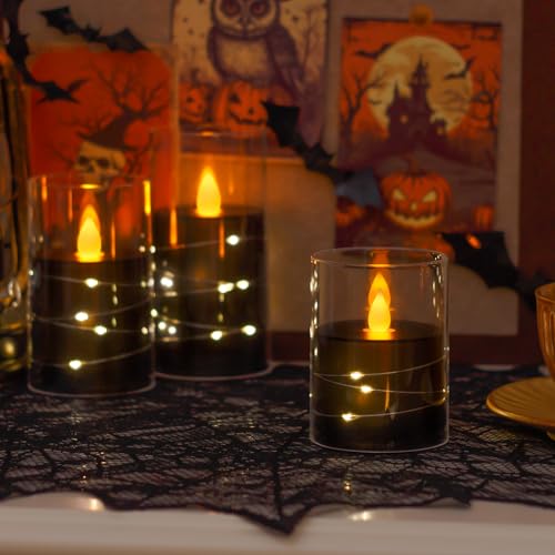 Image of Flameless Flickering 3 inch x4 inch 5 inch 6 inch Clear Plastic Black 11-Key Remote Candles with Light Strings, LED Battery Operated Cycle Timer Pack of 3 Candles for Halloween Festival Decor