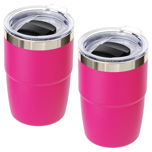 8 oz Small Coffee Cup with Magnetic Lid, Ceramic-Lined 18/8 Stainless Steel, Double-Wall Vacuum Insulated, Stackable, Dishwasher Safe, Mini Tumbler for On-the-Go, 2 Pack, Hot Pink