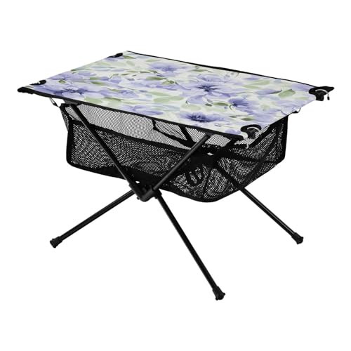 Mesa de Camping Plegable Floral Morada y Blanca para Exterior, Playa y Picnic – Mesa Lateral Portátil y Fácil de Transportar con Bolsa Duradera para BBQ y Camping