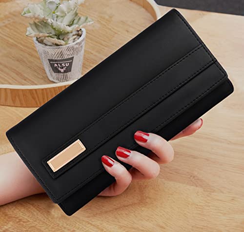 Image of ALSU Women's Hand Wallet Purse Clutch | Phone Pocket | Coin Compartment | Credit Card Slots| Zipper Pocket| Office use| Casual use| Faux Leather (Black)