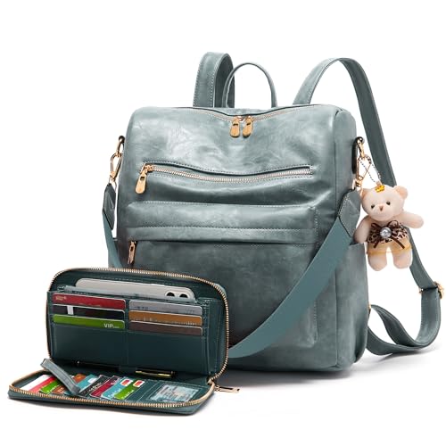 Image of Soperwillton Women Backpack Purse Shoulder Handbags Travel Bag Set 2pcs | Soft PU Leather,Large Capacity,Many Pockets,with a Functional Wallet,with a Detachable Shoulder Strap,Multipurpose Design