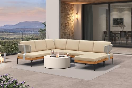 Image of PURPLE LEAF Patio Furniture Set Outdoor Sectional Sofa with Fade-Resistant Cushions Wicker L-Shaped 7 Pieces Aluminum Conversation Sets with Ottoman for Balcony Yard Garden Poolside, Khaki