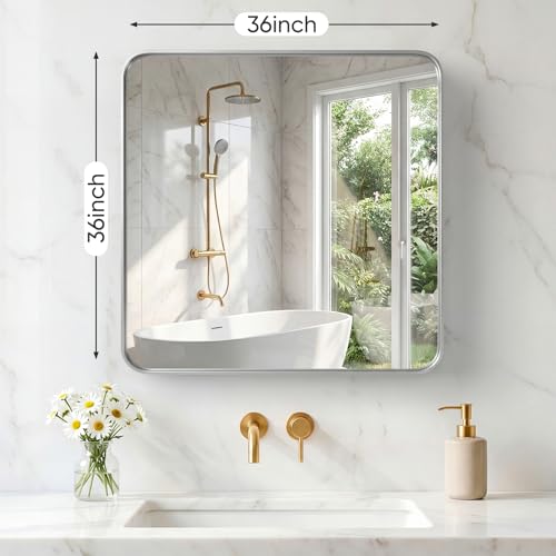 Image of Sweetcrispy Bathroom Mirror 36x36 Inch Metal Framed Rounded Rectangle Vanity Mirror for Wall, Over Sink, Farmhouse, Restroom, Anti-Rust, Modern Decorative, Horizontal or Vertical Hanging, Silver