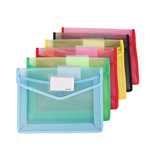 Plastic Wallets Folders, Amatted 6 PCS A4 Document Folders Popper Wallets Expanding File Folders Wallets File Organizers Bags Waterproof Poly Pockets Envelopes with Business Card Holder