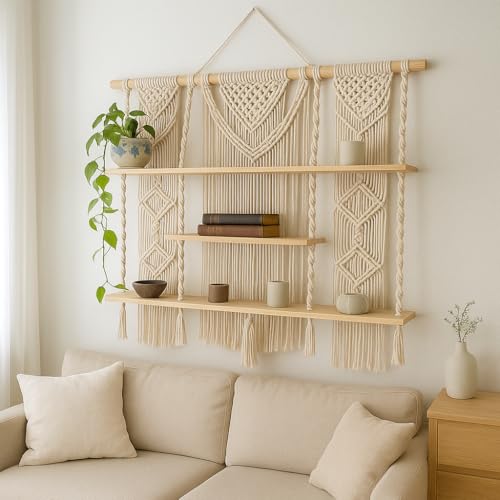 Image of Decazone Large 3-Tier Macrame Wall Hanging Shelf | Handmade Wooden Bookcase & Boho Wall Decor | Rustic Storage Organizer for Home, Office, School, Study Room Open Display & Utility