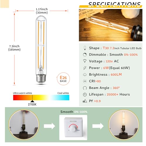 Image of Tubular Light Bulb 7.3 Inch Dimmable T10 LED E26 6W 60 Watts Edison Bulbs | 2700K Warm White,185mm Long for Wall Sconces, Pendant, Livingroom 16-Pack