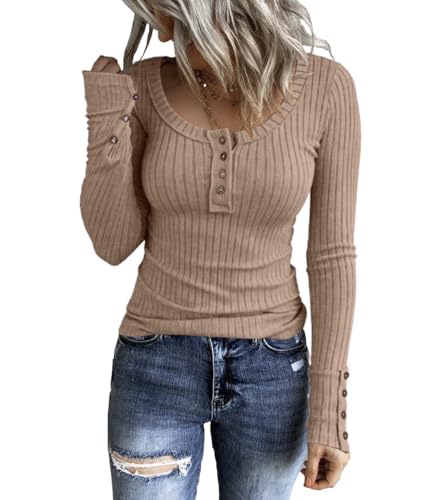 Image of KINLONSAIR Women's Long Sleeve Henley T Shirts Button Down Slim Fit Tops Scoop Neck Ribbed Knit Shirts