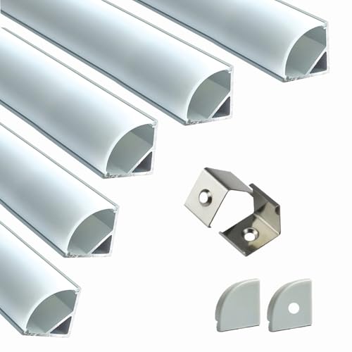 Image of Lighting (16x16mm) Aluminium Round LED Strip Lights 1Meter Aluminium Round Profile Light Channels Corner with Diffused Cover,End Caps & Mounting Clips Without LED Straight Linear-Pack of 5,Silver