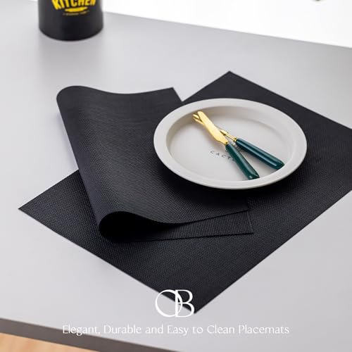 Image of Placemats Set of 4 - Easy Clean Woven Vinyl Placemats for Dining Table, Indoor /Outdoor Place Mats, Washable PVC Table Mats(Black)