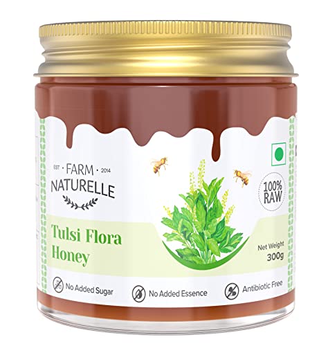 Image of Farm Naturelle Tulsi Forest Flower Wild Honey 300gm|100% Pure Honey | Raw & Unfiltered|Unprocessed|Lab Tested Honey In Glass Jar with Engraved Virgin Wooden Spoon