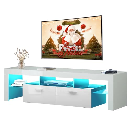 Modern LED 63 inch TV Stand for 50 55 65 70 inch TV with LED Lights and Storage Drawers, LED Entertainment Center for Living Room, Bedroom, High Gloss White TV Console, Television Stands