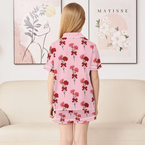 Pink Red Rose Pajamas Sets Short Sleeve Silk Stain Pjs Button Down Sleepwear for 5-14Y4